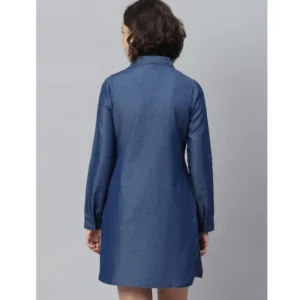 Women's Denim Solid Long Sleeves Above Knee Dress (Navy Blue) - Image 6