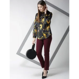 Women's Satin Printed Long Sleeves Standard Length Shirt (Black - Gold) - Image 5