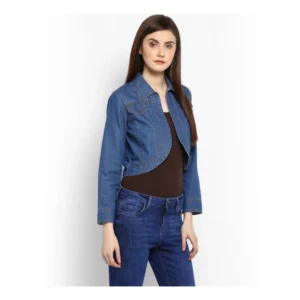 Women's Denim Solid 3-4th Sleeves Shrug (Blue) - Image 4