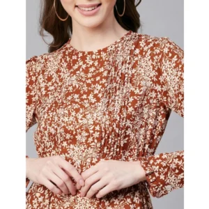 Women's Polyester Floral Long Sleeves Above Knee Dress (Rust) - Image 2