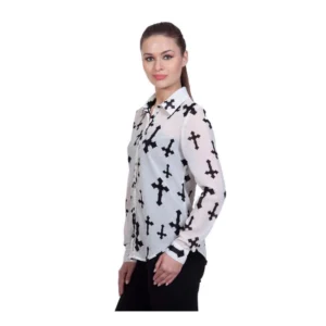 Women's Polyester Printed Long Sleeves Standard Length Shirt (White) - Image 2