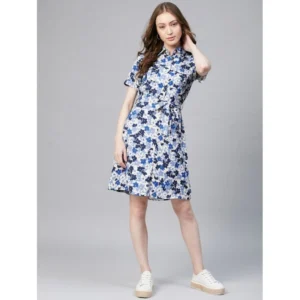 Women's Polyester Floral Short Sleeve Above Knee Dress (Blue - White) - Image 6