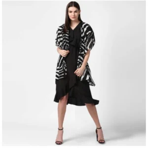 Women's Polyester Printed Short Sleeve Shrug (Black) - Image 2