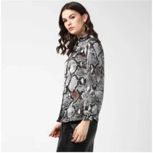 Women's Satin Animal Print Long Sleeves Standard Length Shirt (Black - Grey) - Image 3