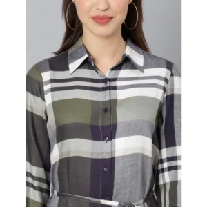 Women's Cotton Checkered Long Sleeves Above Knee Dress (Olive - White) - Image 2
