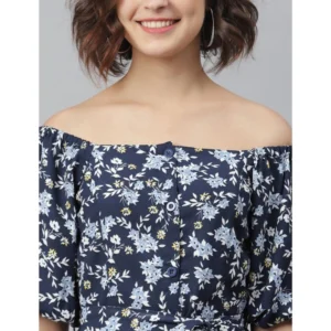 Women's Polyester Off Shoulder Half Sleeve Above Knee Dress (Blue) - Image 3
