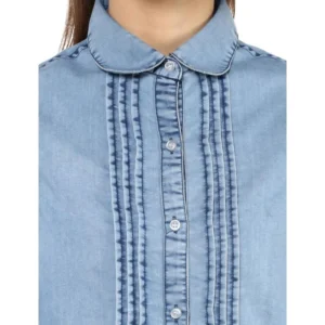 Women's Denim Solid 3-4th Sleeves Standard Length Shirt (Blue) - Image 2