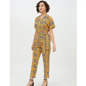 Women's Polyester Printed Half Sleeve Long Jumpsuit (Yellow) - Image 3