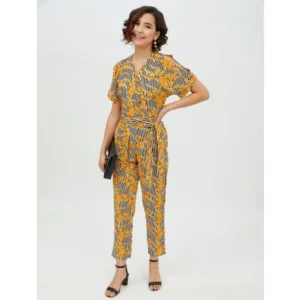 Women's Polyester Printed Half Sleeve Long Jumpsuit (Yellow) - Image 6