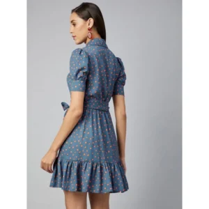 Women's Polyester Polka Short Sleeve Above Knee Dress (Grey - Coral) - Image 7