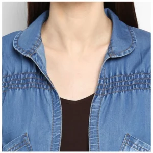Women's Denim Smocking 3-4th Sleeves Shrug (Blue) - Image 2