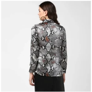 Women's Satin Animal Print Long Sleeves Standard Length Shirt (Black - Grey) - Image 7