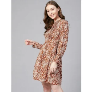 Women's Polyester Floral Long Sleeves Above Knee Dress (Rust) - Image 4