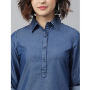 Women's Denim Solid Long Sleeves Above Knee Dress (Navy Blue) - Image 2