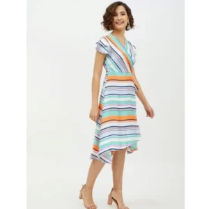 Women's Satin Striped Short Sleeve Knee-Length Dress (Multicolor) - Image 4