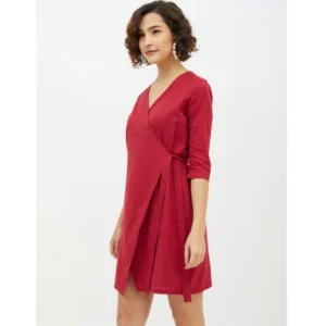Women's Cotton Wrap 3-4th Sleeves Above Knee Dress (Maroon) - Image 3