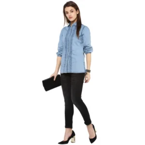 Women's Denim Solid 3-4th Sleeves Standard Length Shirt (Blue) - Image 6