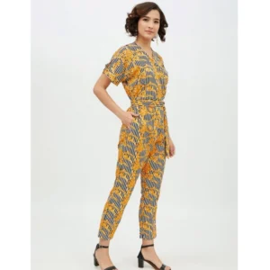 Women's Polyester Printed Half Sleeve Long Jumpsuit (Yellow) - Image 4