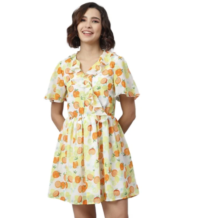 Women's Polyester Printed Flutter Above Knee Dress (Yellow - Orange)
