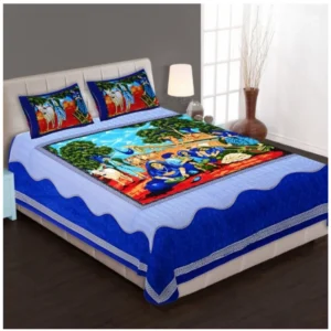 Cotton Printed Queen Size Bedsheet With 2 Pillow Covers (Blue, 90x100 Inch) - Image 2