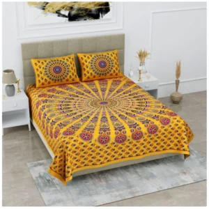 Cotton Printed Queen Size Bedsheet With 2 Pillow Covers (Yellow, 90x100 Inch) - Image 2