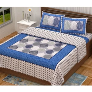 Cotton Printed Queen Size Bedsheet With 2 Pillow Covers (Blue, 90x100 Inch) - Image 2