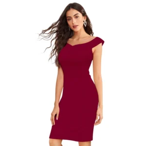 Women's Knitting stretchable Solid Round Neck Sleeveless Dress (Maroon) - Image 2