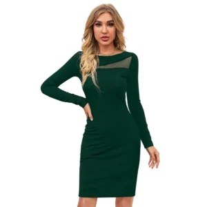 Women's Knitting stretchable Solid Round Neck Full Sleeve Dress (Green ) - Image 6