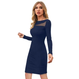 Women's Knitting stretchable Solid Round Neck Full Sleeve Dress (Blue ) - Image 2