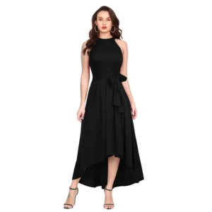 Women's Polyster Solid Halter Neck Sleeveless Dress (Black) - Image 6