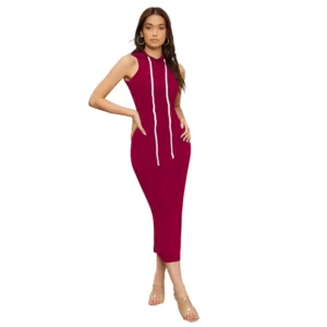 Women's Knitting stretchable Solid Round Neck Sleeveless Dress (Maroon) - Image 4