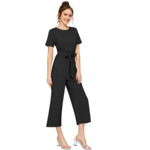 Women's Knitting stretchable Solid Round Neck Cap Sleeve Jumpsuit (Black) - Image 4