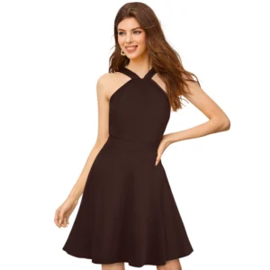 Women's Knitting stretchable Solid Halter Neck Sleeveless Dress (Coffee) - Image 6