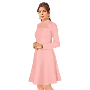Women's Knitting stretchable Solid Round Neck Full Sleeve Dress (Peach) - Image 2
