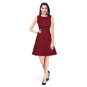 Women's Polyester Solid Round Neck Sleeveless Dress (Maroon) - Image 6