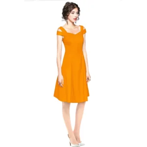 Women's Polyester Solid V Neck Cap Sleeve off Shoulder Dress (Yellow) - Image 4
