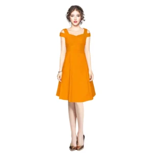 Women's Polyester Solid V Neck Cap Sleeve off Shoulder Dress (Yellow) - Image 6