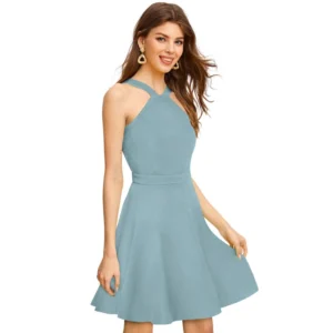 Women's Knitting stretchable Solid Halter Neck Sleeveless Dress (Pista ) - Image 2