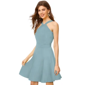 Women's Knitting stretchable Solid Halter Neck Sleeveless Dress (Pista ) - Image 4
