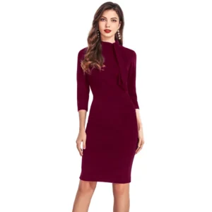 Women's Knitting stretchable Solid Round Neck 3-4th Dress (Maroon) - Image 6