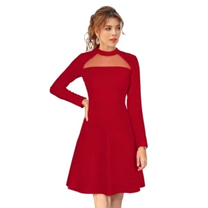 Women's Knitting stretchable Solid Round Neck Full Sleeve Dress (Red) - Image 6