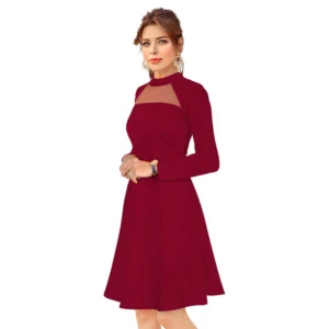 Women's Knitting stretchable Solid Round Neck Full Sleeve Dress (Maroon) - Image 2