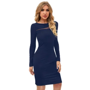 Women's Knitting stretchable Solid Round Neck Full Sleeve Dress (Blue ) - Image 4