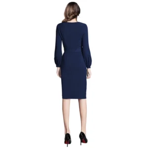 Women's Knitting stretchable Solid Round Neck Full Sleeve Dress (Blue) - Image 2