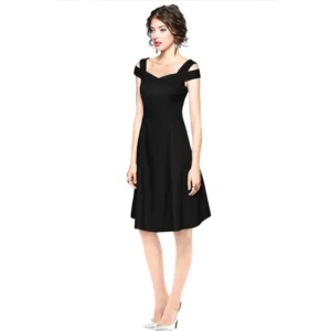 Women's Polyester Solid V Neck Cap Sleeve off Shoulder Dress (Black) - Image 2