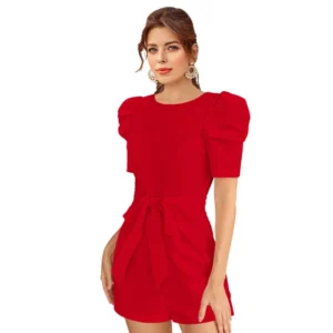 Women's Knitting stretchable Solid Round Neck 3-4 Puff Sleeve Dress (Red ) - Image 2