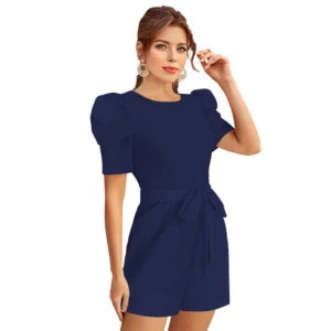 Women's Knitting stretchable Solid Round Neck 3-4 Puff Sleeve Dress (Blue) - Image 6