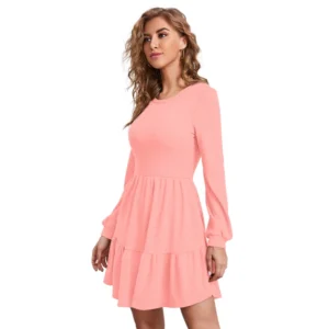 Women's Knitting stretchable Solid Round Neck Full Sleeve Dress (Peach) - Image 2