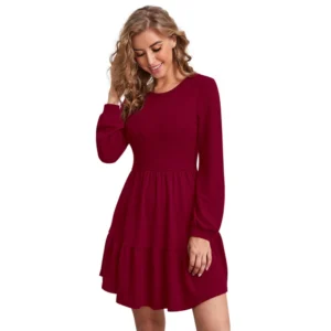 Women's Knitting stretchable Solid Round Neck Full Sleeve Dress (Maroon) - Image 4