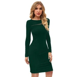 Women's Knitting stretchable Solid Round Neck Full Sleeve Dress (Green ) - Image 4